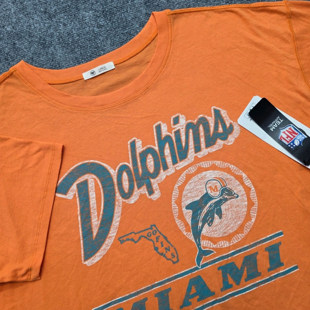 47 Brand Miami Dolphins NFL T-Shirt Orange Distressed Graphic Women's Large NEW